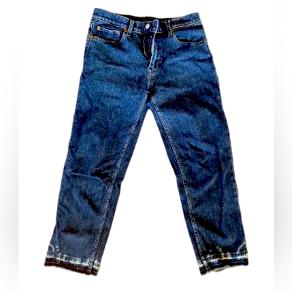 Lucky Brand Dark Wash Blue Crop Straight Jeans Raw Bleach Hem Midrise